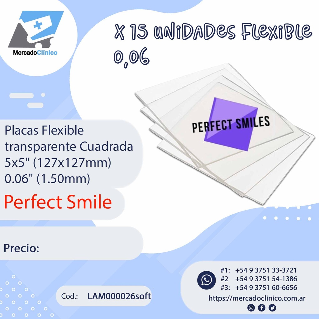 Placas / Láminas  Flexible -  transparente Cuadrada - x 15 un -  0,06" (1.5 mm) - PERFECT SMILES