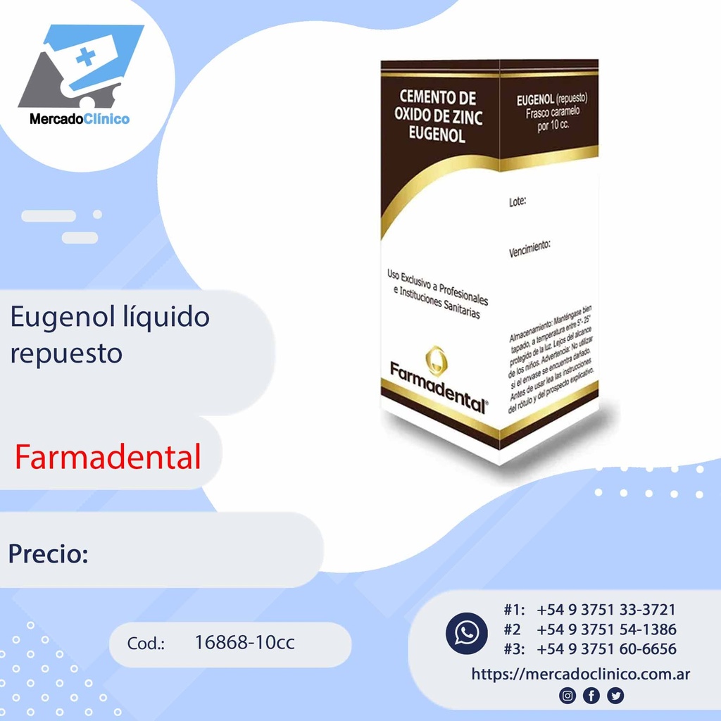 Líquido Eugenol 10cc -Repuesto para Cemento de óxido zinc eugenol -FARMADENTAL