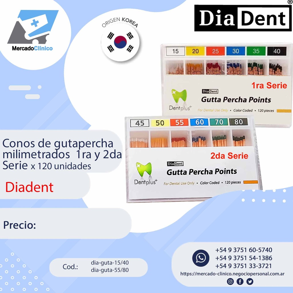 Conos de gutapercha x 120 unidades DentPlus - Diadent 