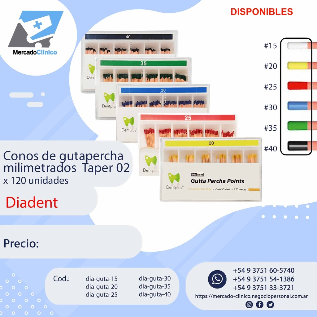 Conos de gutapercha  - 120 unidades - DentPlus - Diadent 