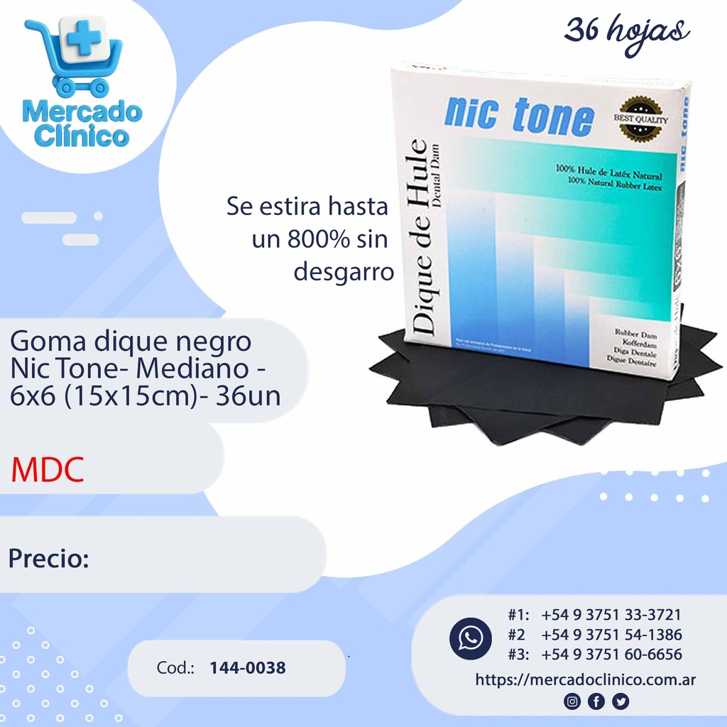 Goma dique 6x6 Nic Tone - mediano Negra x36 un - MDC