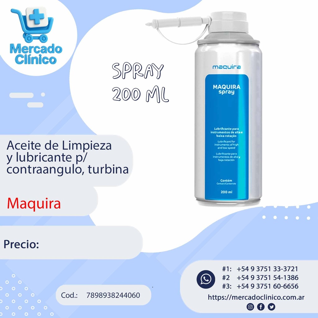 Aceite de Limpieza y lubricante p/ turbina y contraangulo- 200ml - MAQUIRA
