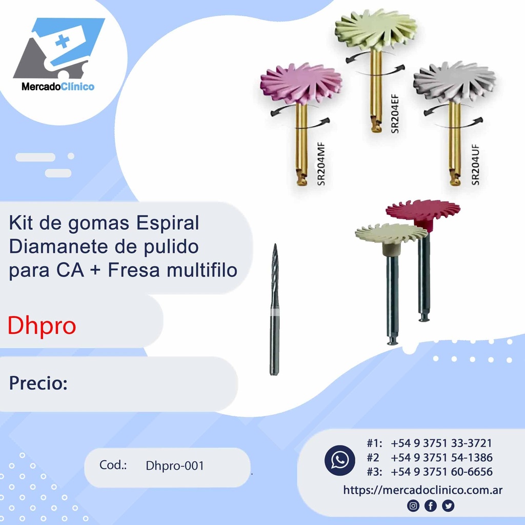 Kit de gomas Espiral Diamanete de pulido para CA + Fresa multifilo - Dhpro