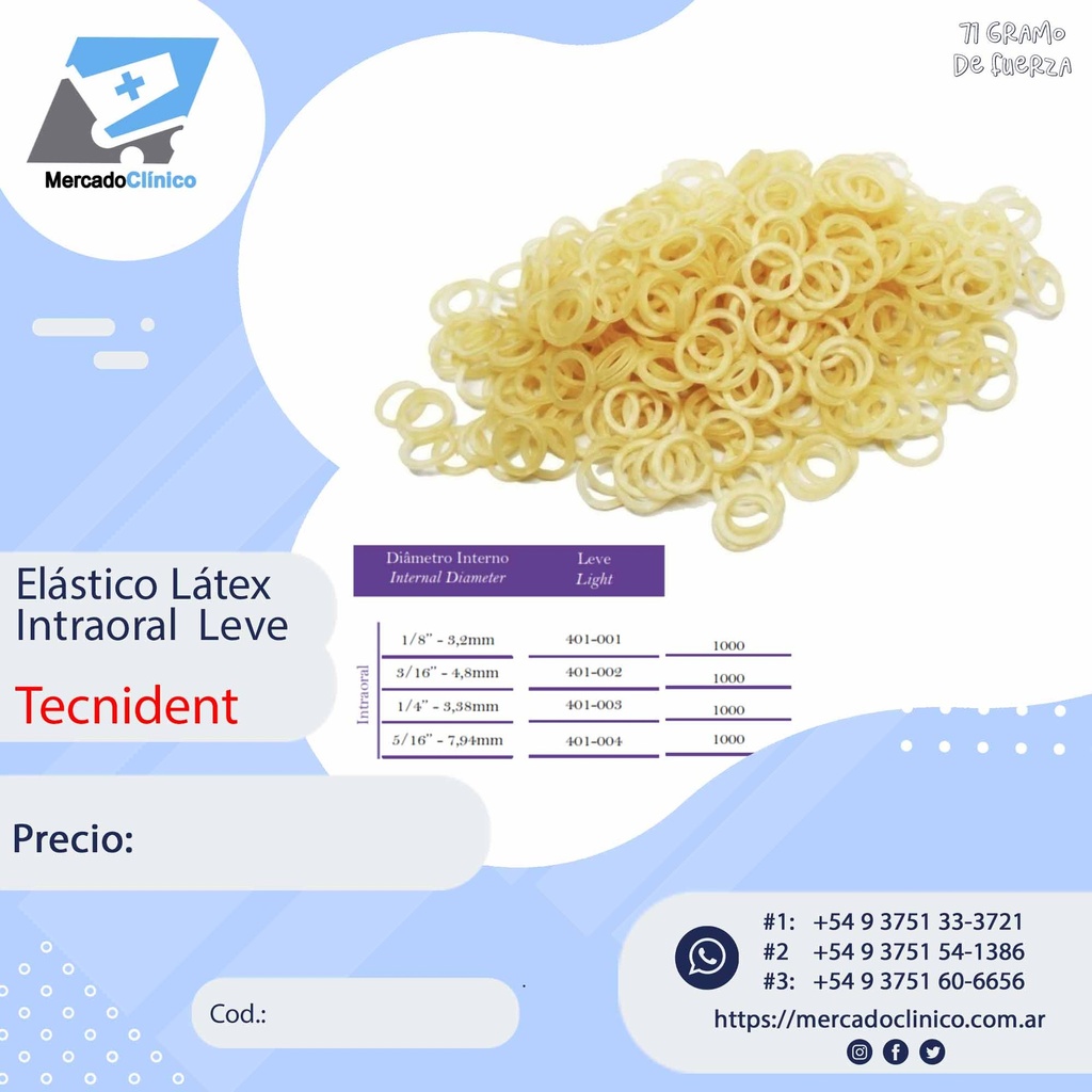 Gomas Elástico intraoral de látex Leve - intermaxilar -  Tecnident