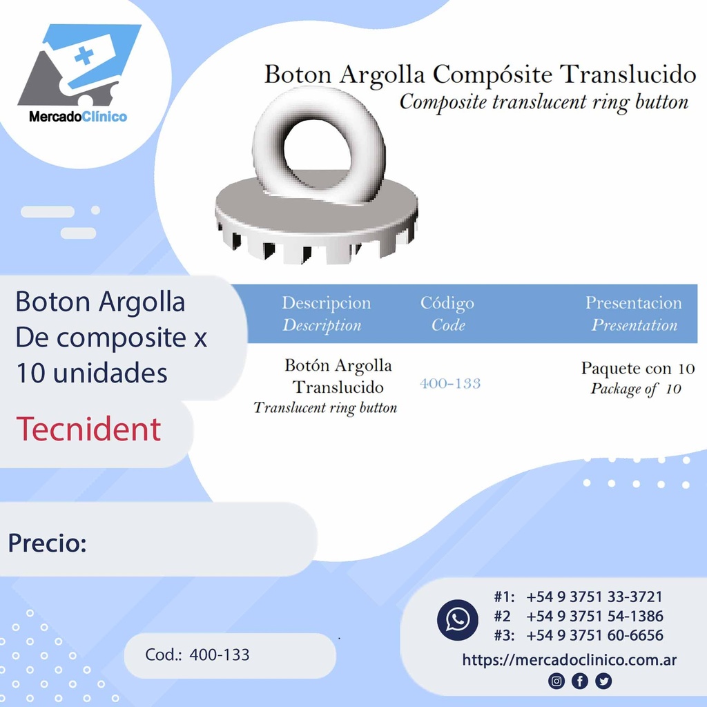 Botón Ojal - Argolla de composite Cristal - Tecnident