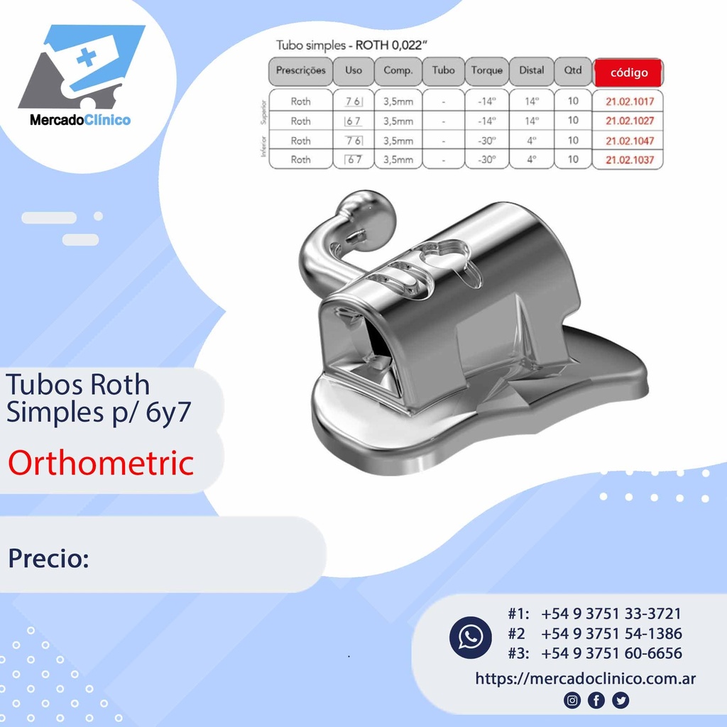 Tubo Pd 6 y 7-  Roth - Simple - para para pegar-  10 unidades - Orthometric 
