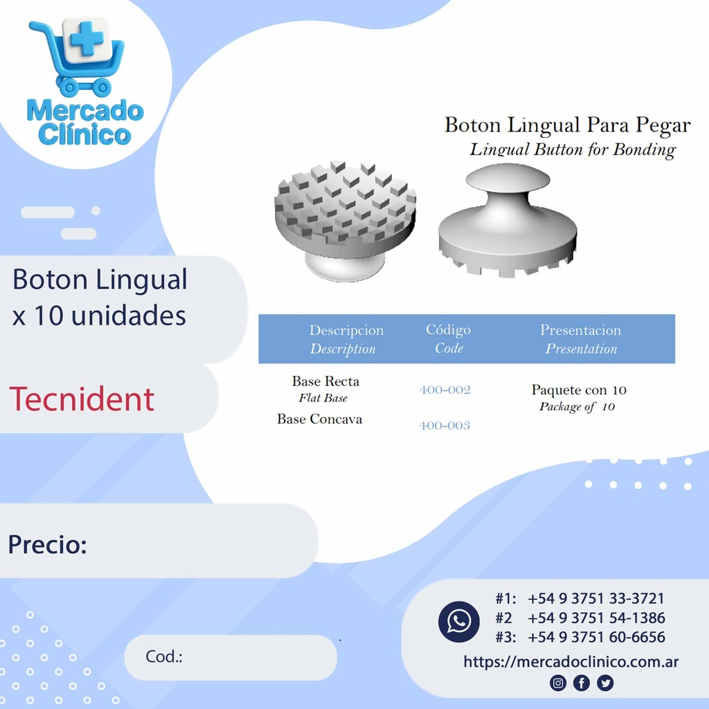 Botón de ortodoncia lingual para pegar- 10 unidades - Tecnident (Base Concava)