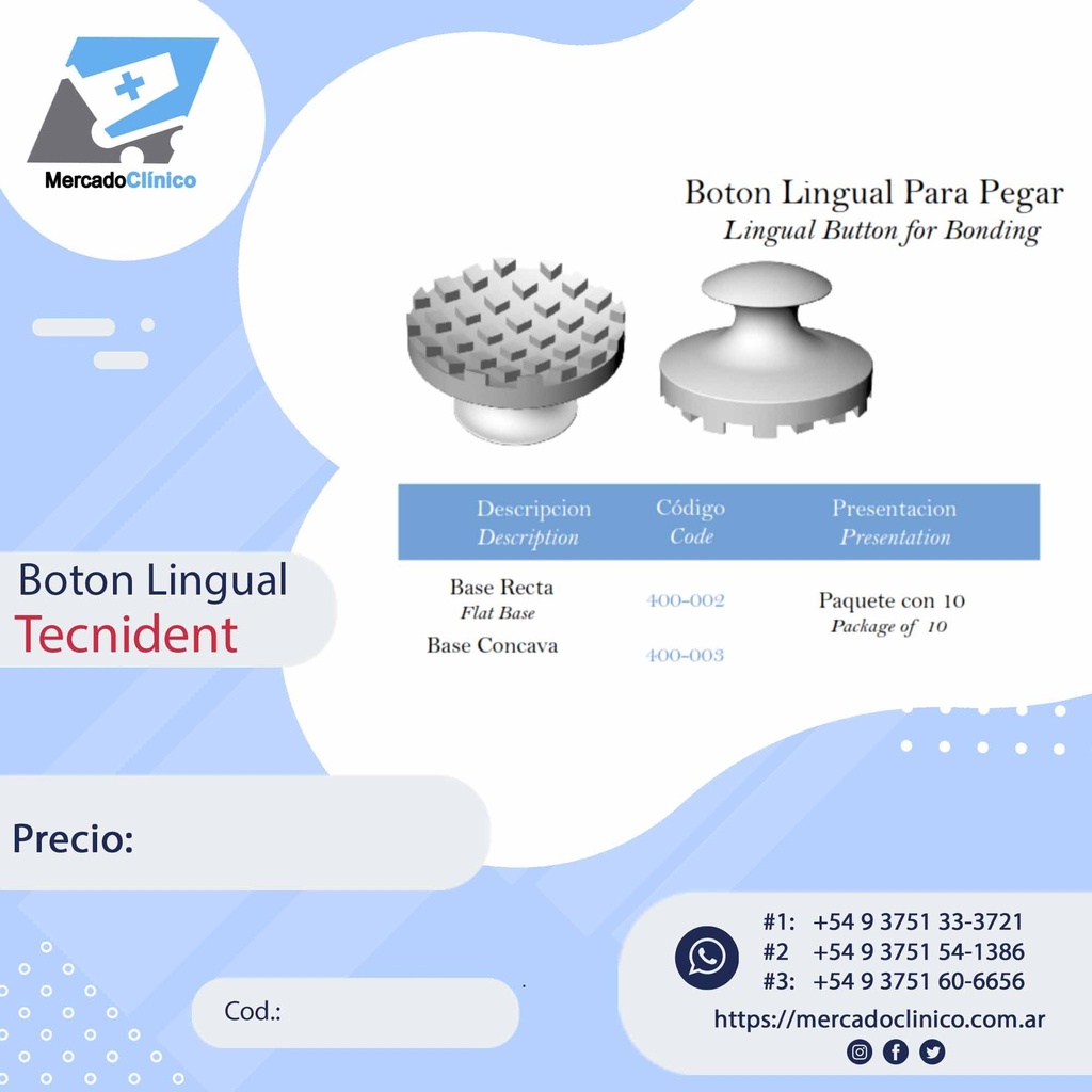 Botón de ortodoncia lingual para pegar- 10 unidades - Tecnident (Base Concava)