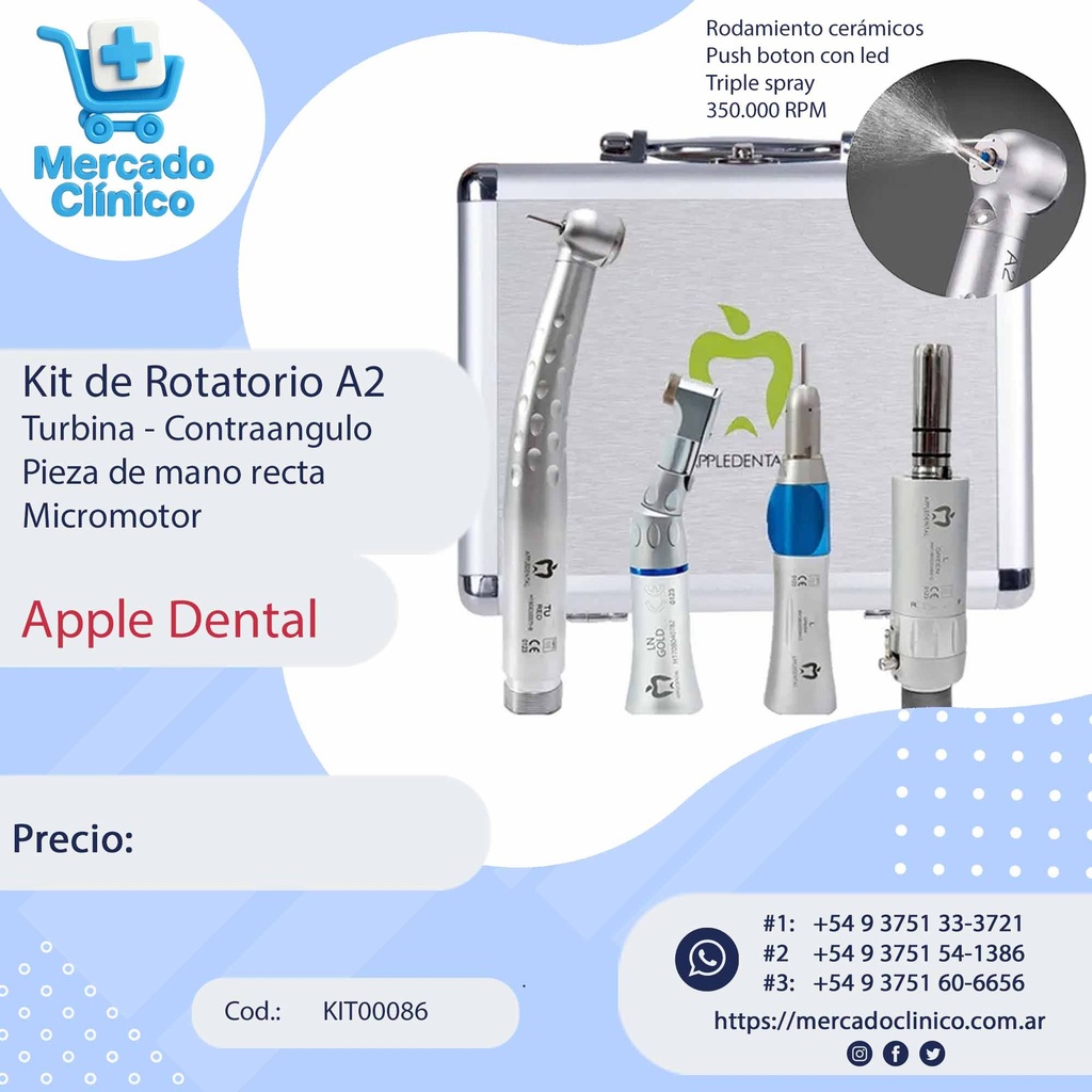 Kit de Rotatorio Turbina A2 Led - Contraangulo  - Pieza de mano recta - Micromotor - Apple Dental