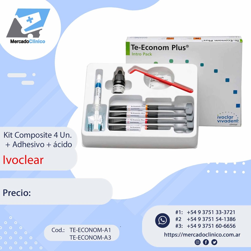 Te Econom Plus - Kit Intro Pack ( composite - adhesivo - acido ) - Ivoclear Vivadent (4 x Jeringas Te-Econom Plus x 4gr. Colores sutidos)