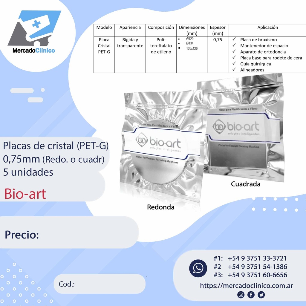 Placa de Cristal PET-G - 0,75 - 5 unidades - Bioart (Cuadrada)