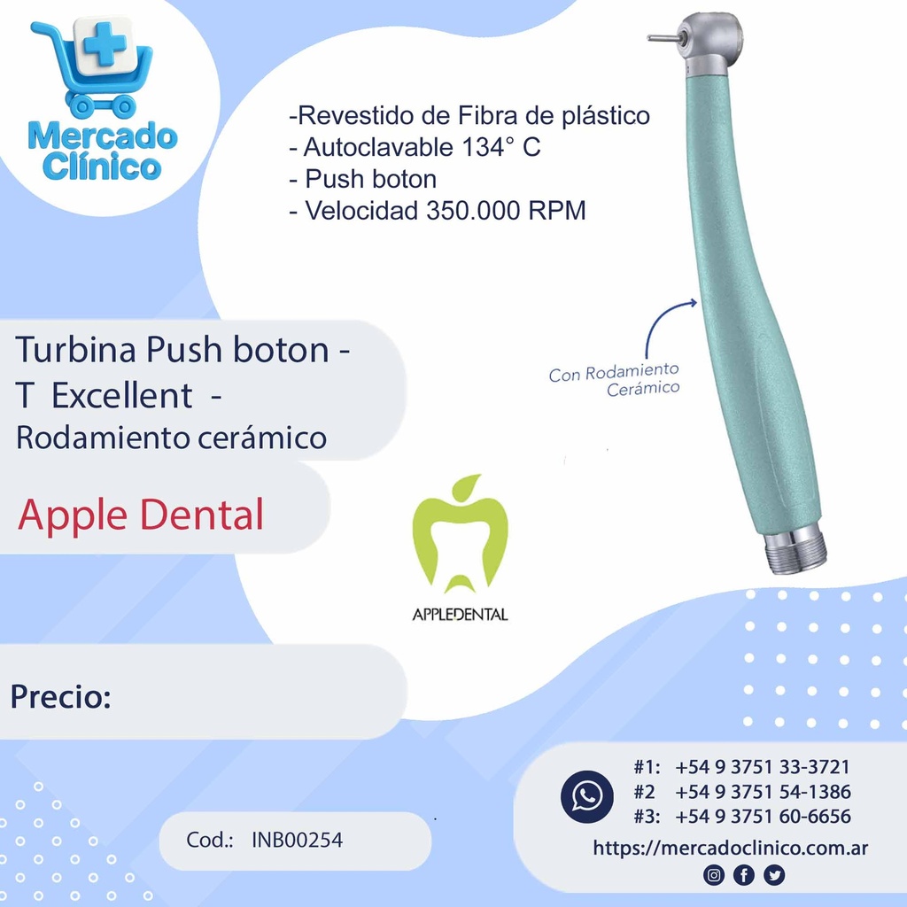 Turbina Push boton -  T  Excellent  - Rodamiento cerámico - Apple Dental