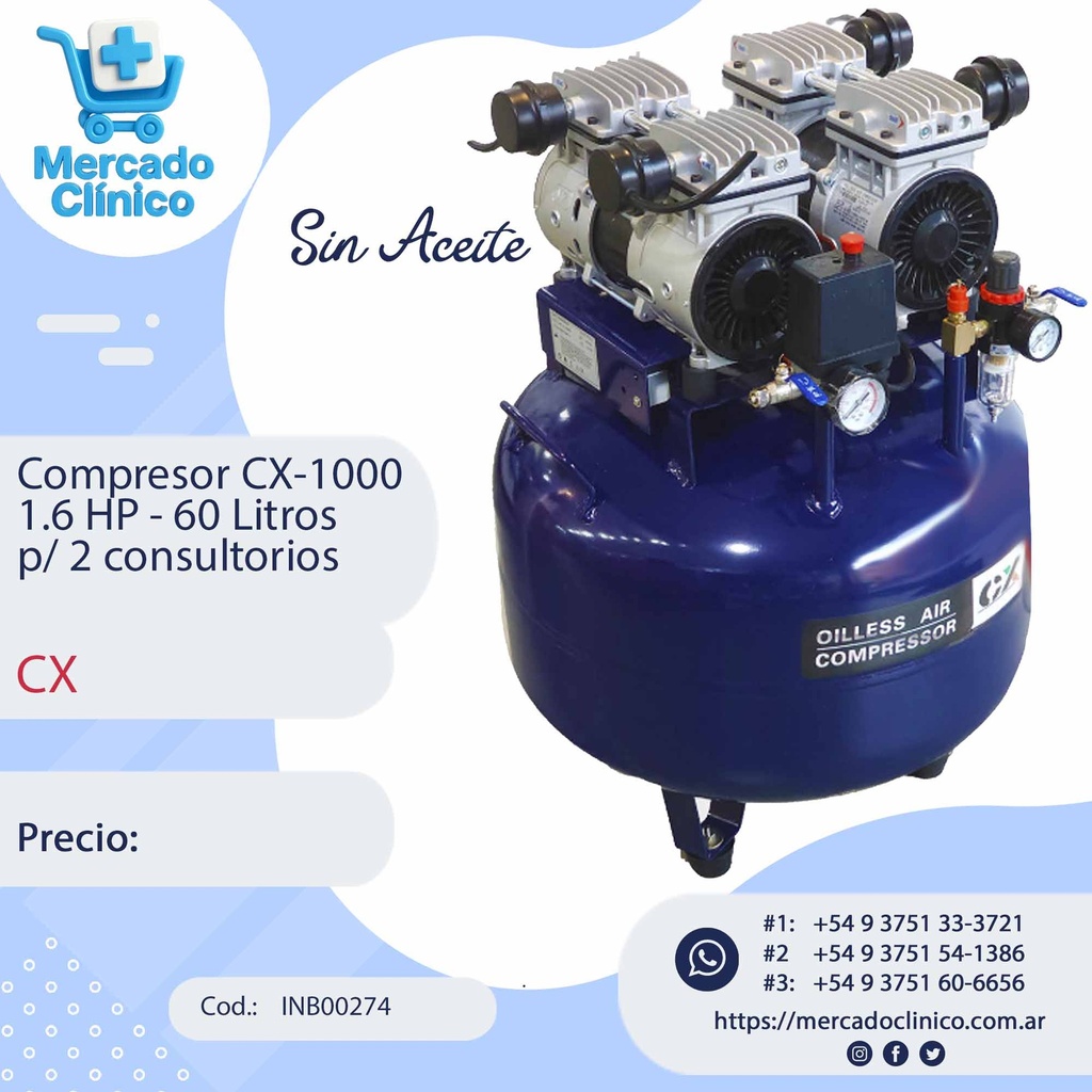 Compresor CX-1000  1.6 HP - 60 Litros p/ 2 consultorios - CX