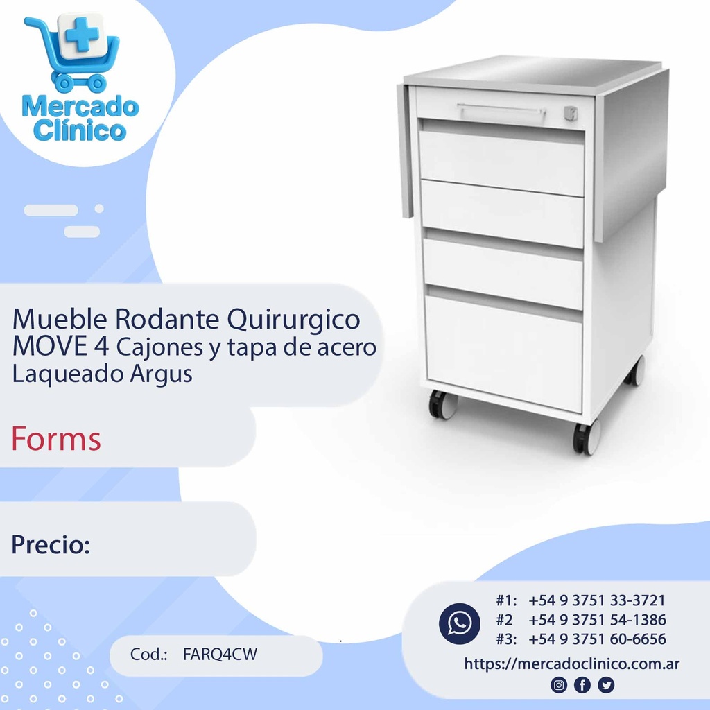 Mueble Rodante Quirúrgico  MOVE 4 Cajones y tapa de acero Laqueado Argus - Forms