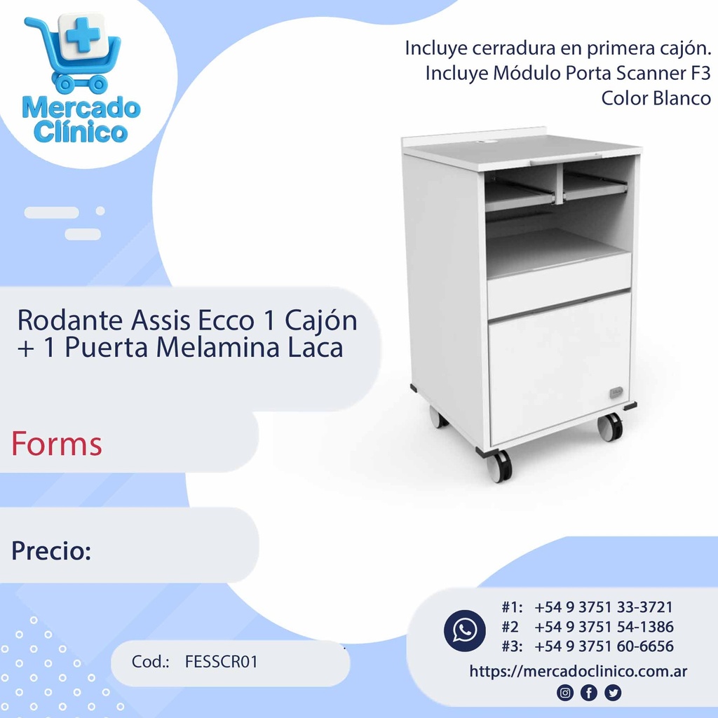 Rodante Assis Ecco 1 Cajón  + 1 Puerta Melamina Laca - Forms