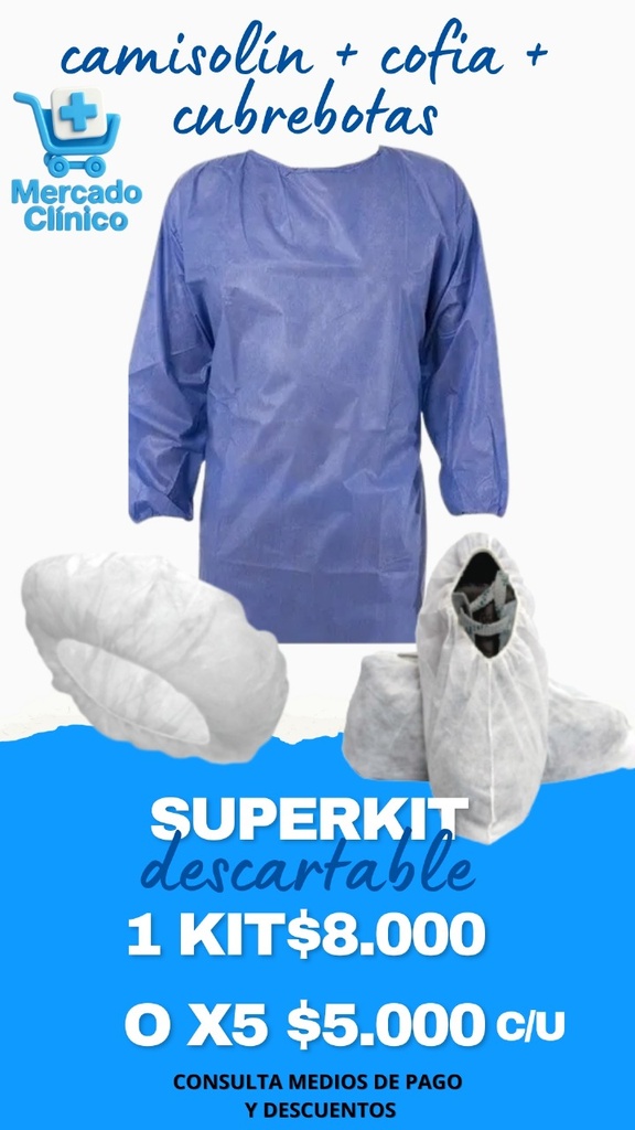 Kit sanitario (1 camisolin - 1 cubrebotas - 1 cofia) 