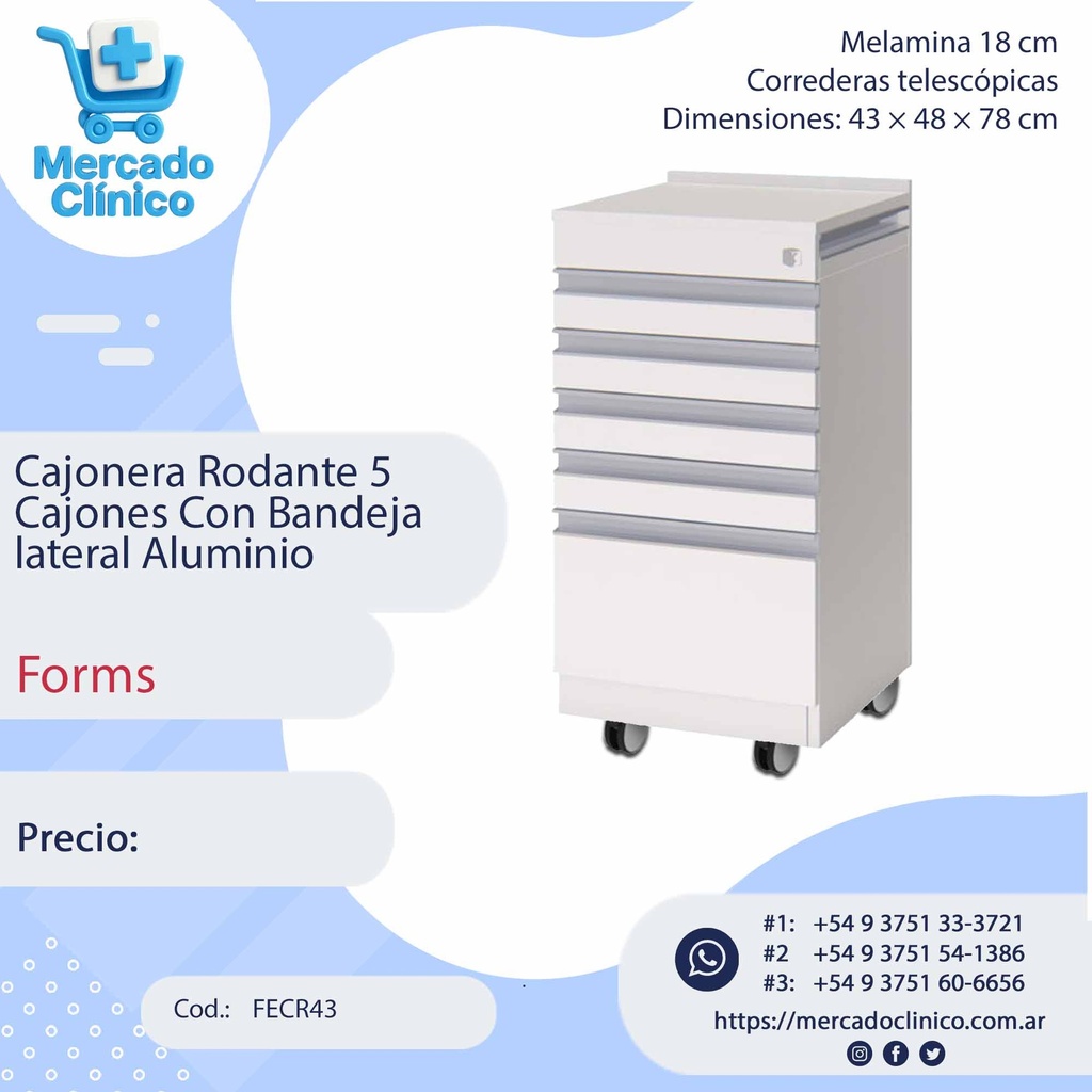 Cajonera Rodante 5  Cajones Con Bandeja  lateral Aluminio - Forms
