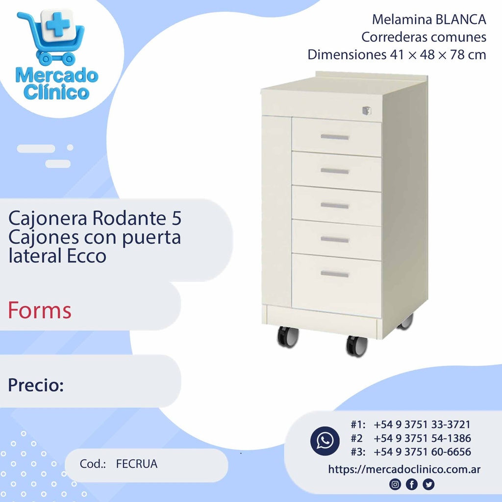 Cajonera Rodante 5  Cajones con puerta  lateral Ecco - Forms