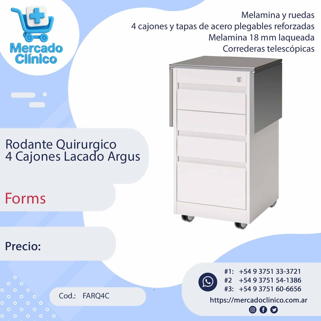 Rodante Quirurgico 4 Cajones Lacado Argus - Forms