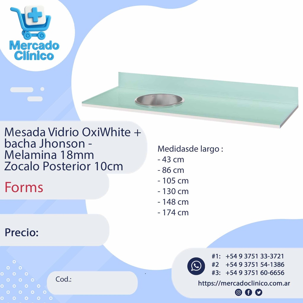 Mesada Vidrio OxiWhite +  bacha Jhonson - Melamina 18mm Zocalo Posterior 10cm - Forms