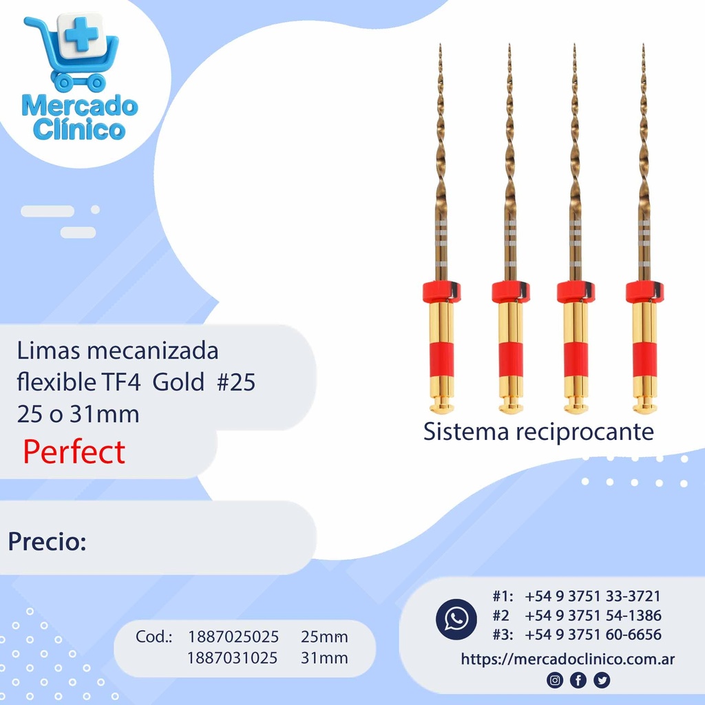 Limas mecanizada flexible TF4 Gold x 4  #25 - de 25mm - Perfect