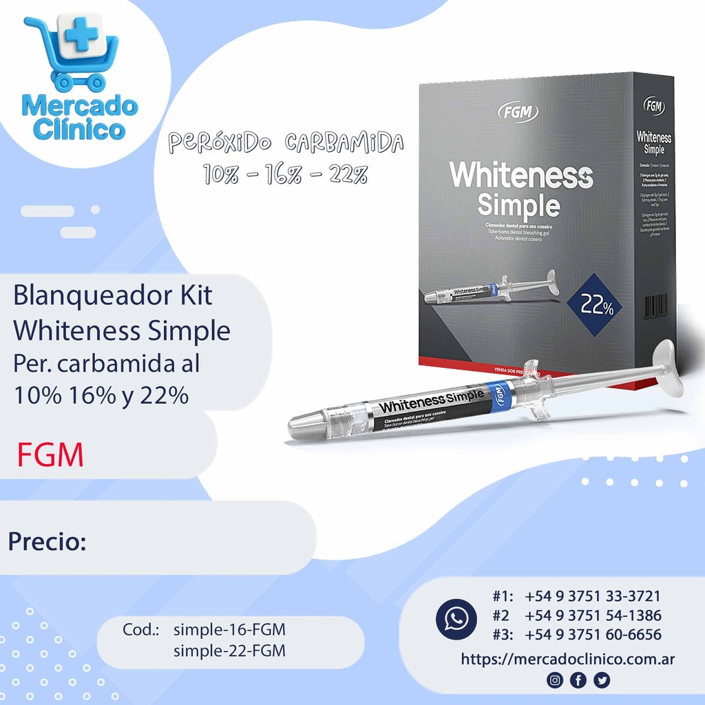 Blanqueador Kit Whiteness Simple Per. carb al 10 % ,16% y 22% - Carbamida