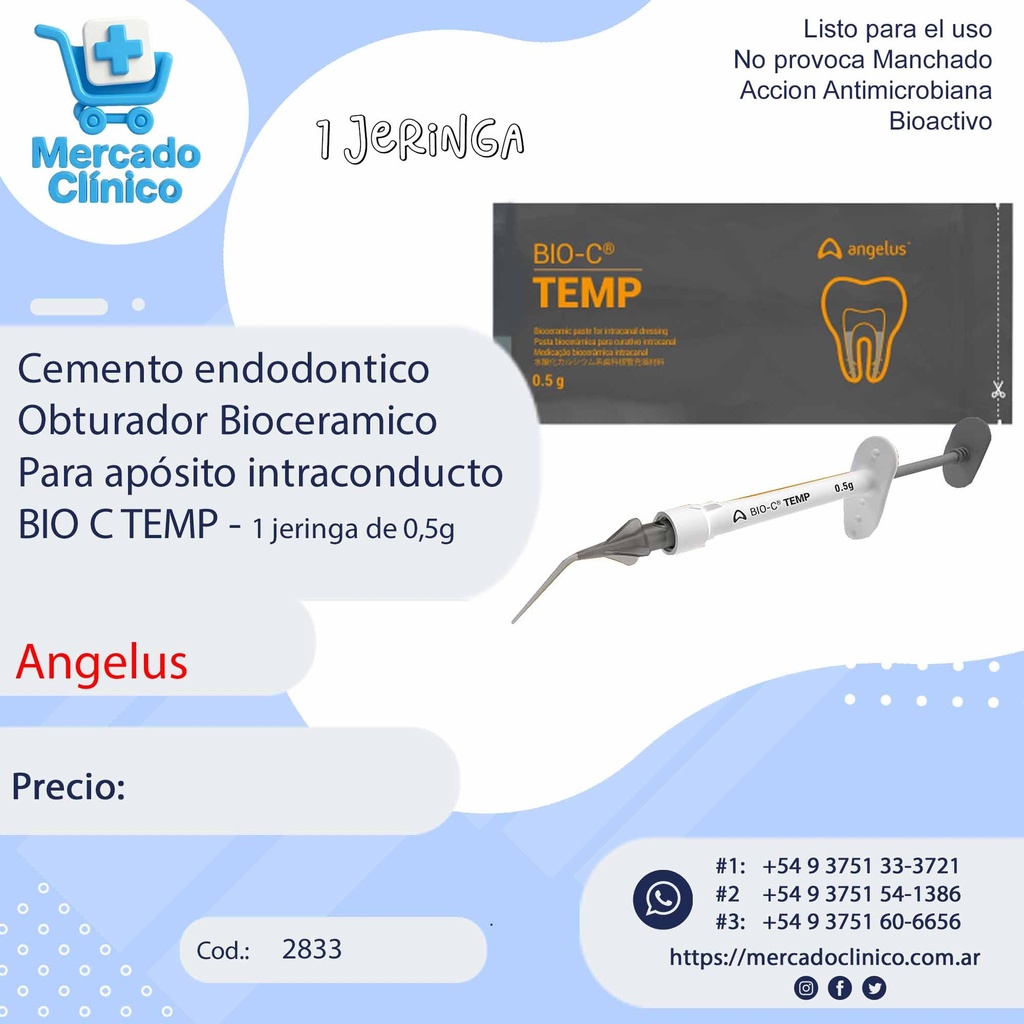 Cemento endodontico Obturador Bioceramico Para apósito intraconducto  BIO C TEMP - 1 jeringa de 0,5g - Angelus