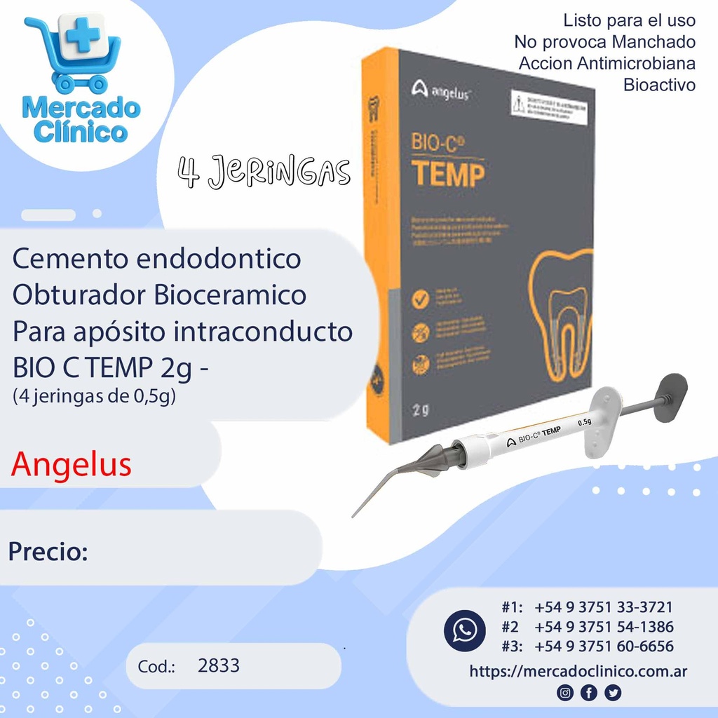 Cemento endodontico Obturador Bioceramico Para apósito intraconducto  BIO C TEMP - 2g (4 jeringas de 0,5g) - Angelus 