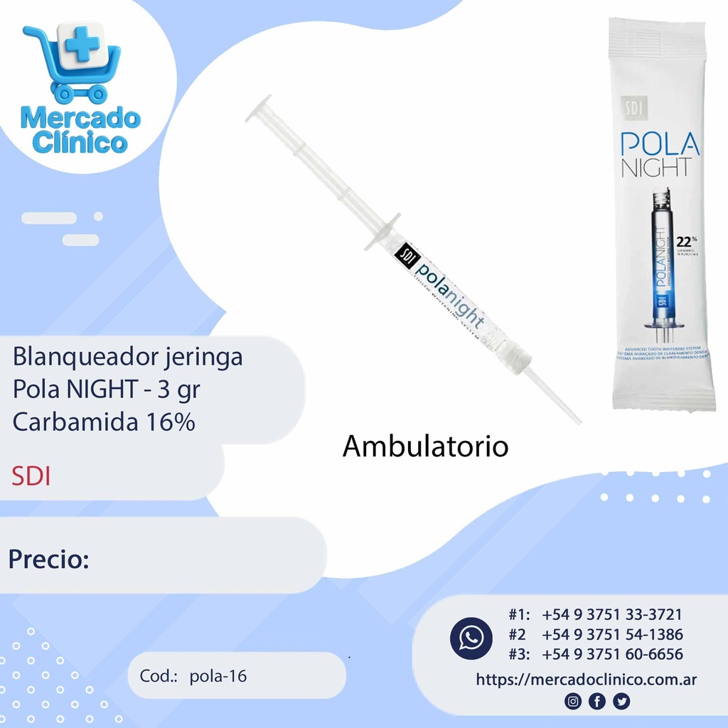 Blanqueamiento jeringa Pola NIGHT - 3g Carbamida 16% ambulatorio - SDI