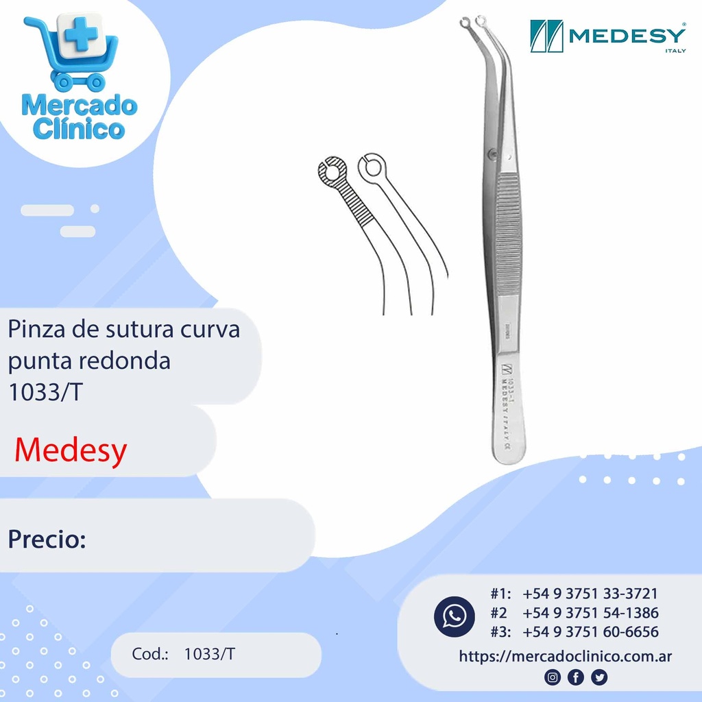 Pinza de sutura curva punta redonda 1033/T - Medesy