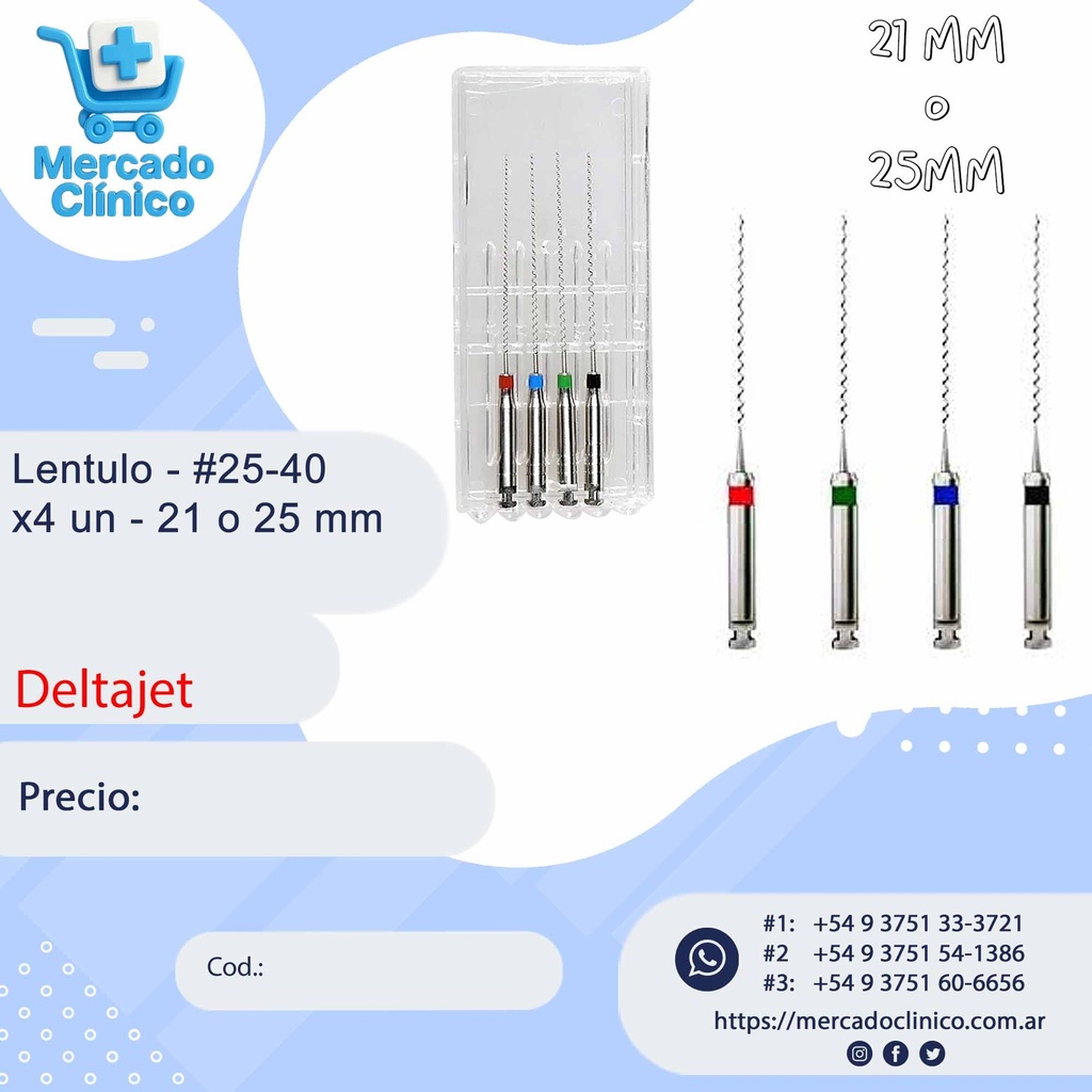 Lentulo rellenador pasta 25/40 x4 - 21 o 25 mm - Deltajet