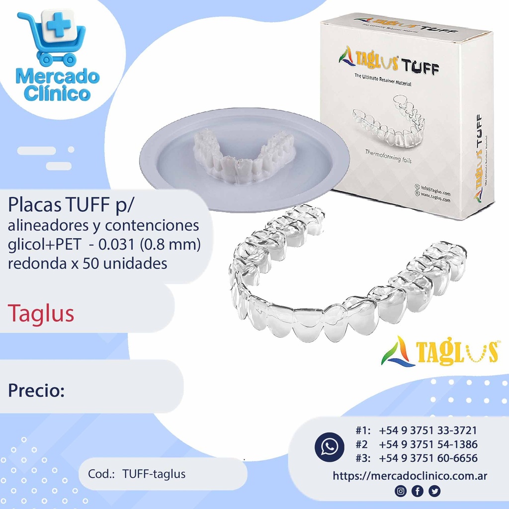 Placas / láminas PU FLEX p/  alineadores y contenciones  - Glicol+PET - 0.031 (0.8 mm) redonda x 50 un - Taglus