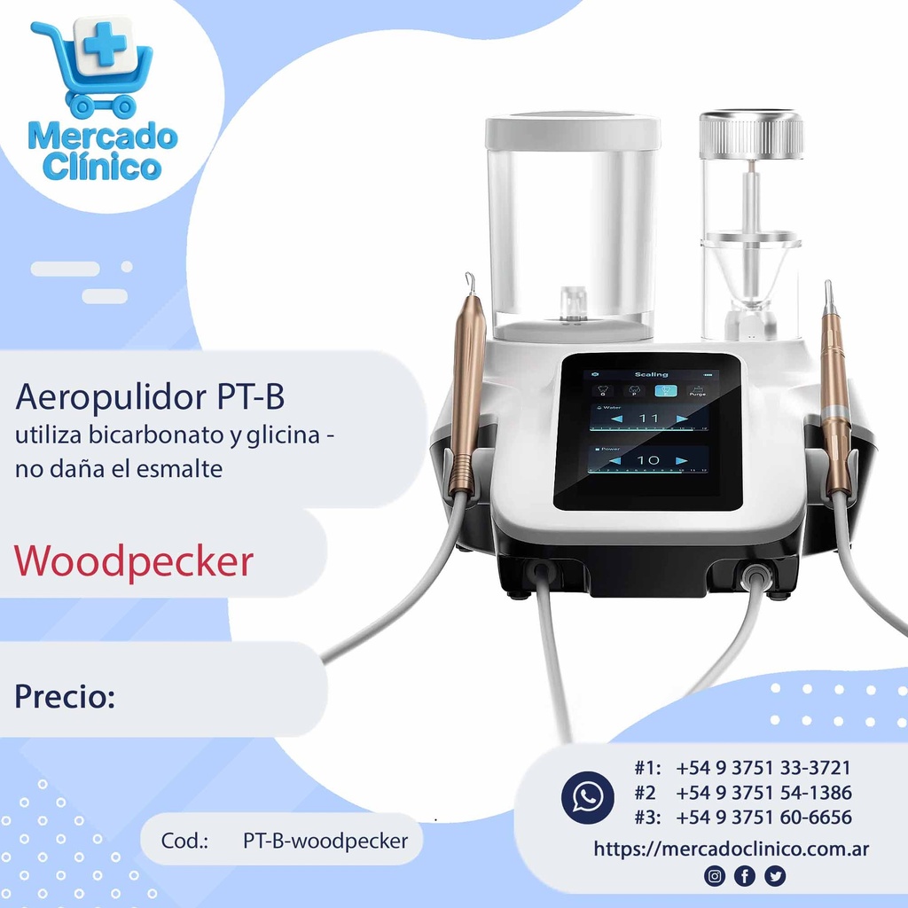 Aeropulidor PT-B  utiliza bicarbonato y glicina - no daña el esmalte - Woodpecker