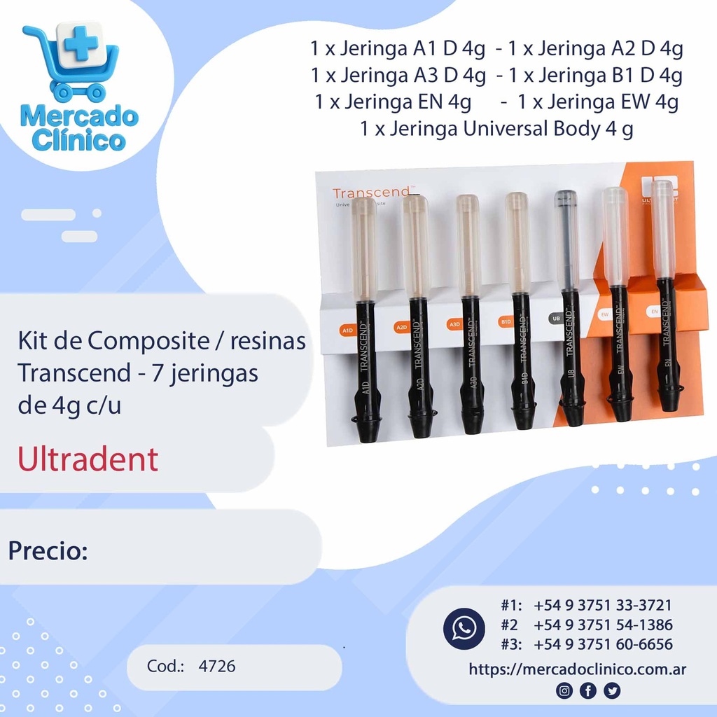 Kit de Composite / resinas  Transcend - 7 jeringas  de 4g c/u - Ultradent