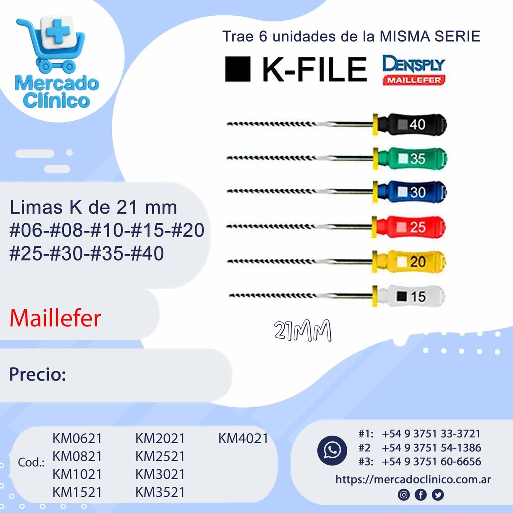 Limas K File de 21 mm - #06-#08-#10-#15-#20 #25-#30-#35-#40 - Maillefer