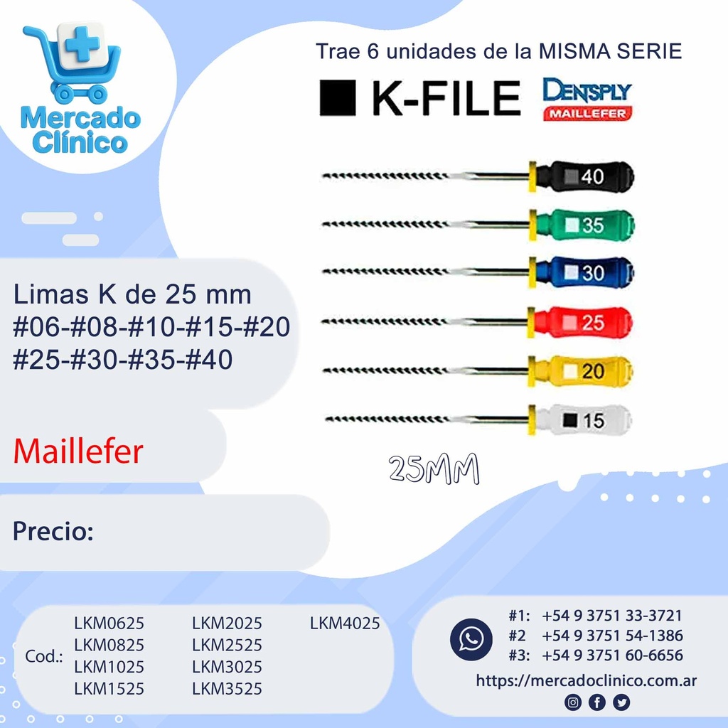 Limas K File de 25 mm - #06-#08-#10-#15-#20 #25-#30-#35-#40 - Maillefer
