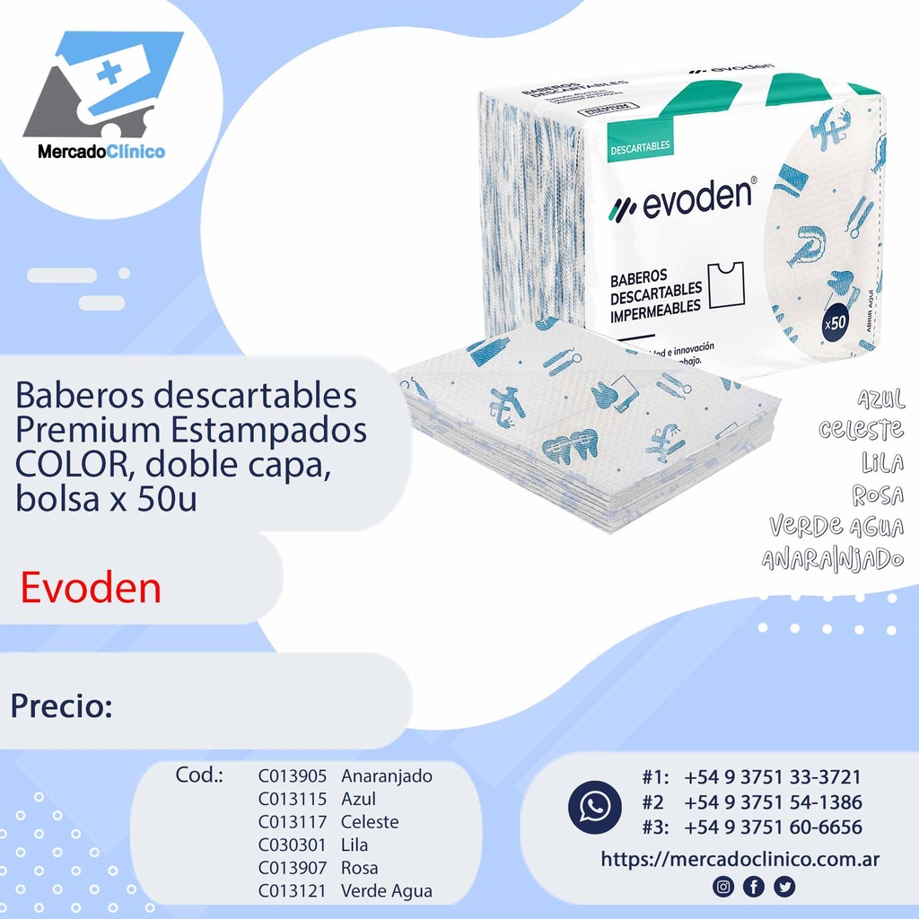 Baberos descartables Premium Estampados COLOR, doble capa, bolsa x 50u. - EVODEN