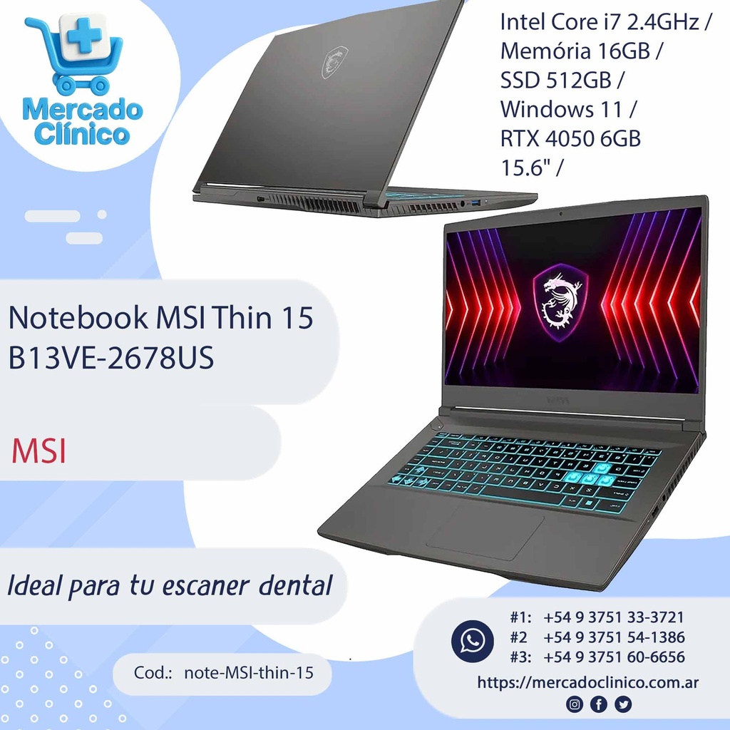 Notebook Gamer MSI Thin 15 B13VE-1451US 15.6" Intel Core i5-13420H RTX 4050 6 GB - Negro  - MSI