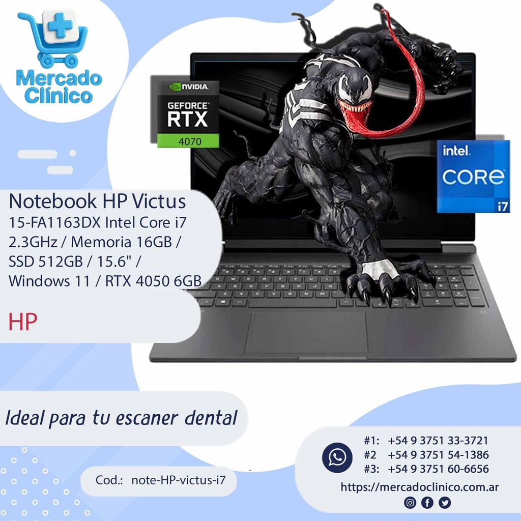 Notebook HP Victus  Notebook HP Victus  15-FA1163DX Intel Core i7  2.3GHz / Memoria 16GB /  SSD 512GB / 15.6" /  Windows 11 / RTX 4050 6GB - HP