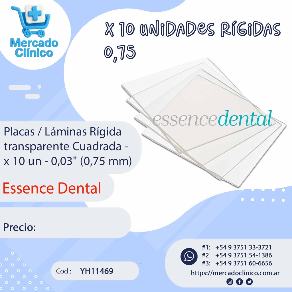 Placas / Láminas Rígidas  transparente cuadrada- x 10 un - 0,75 mm - ESSENCE DENTAL 