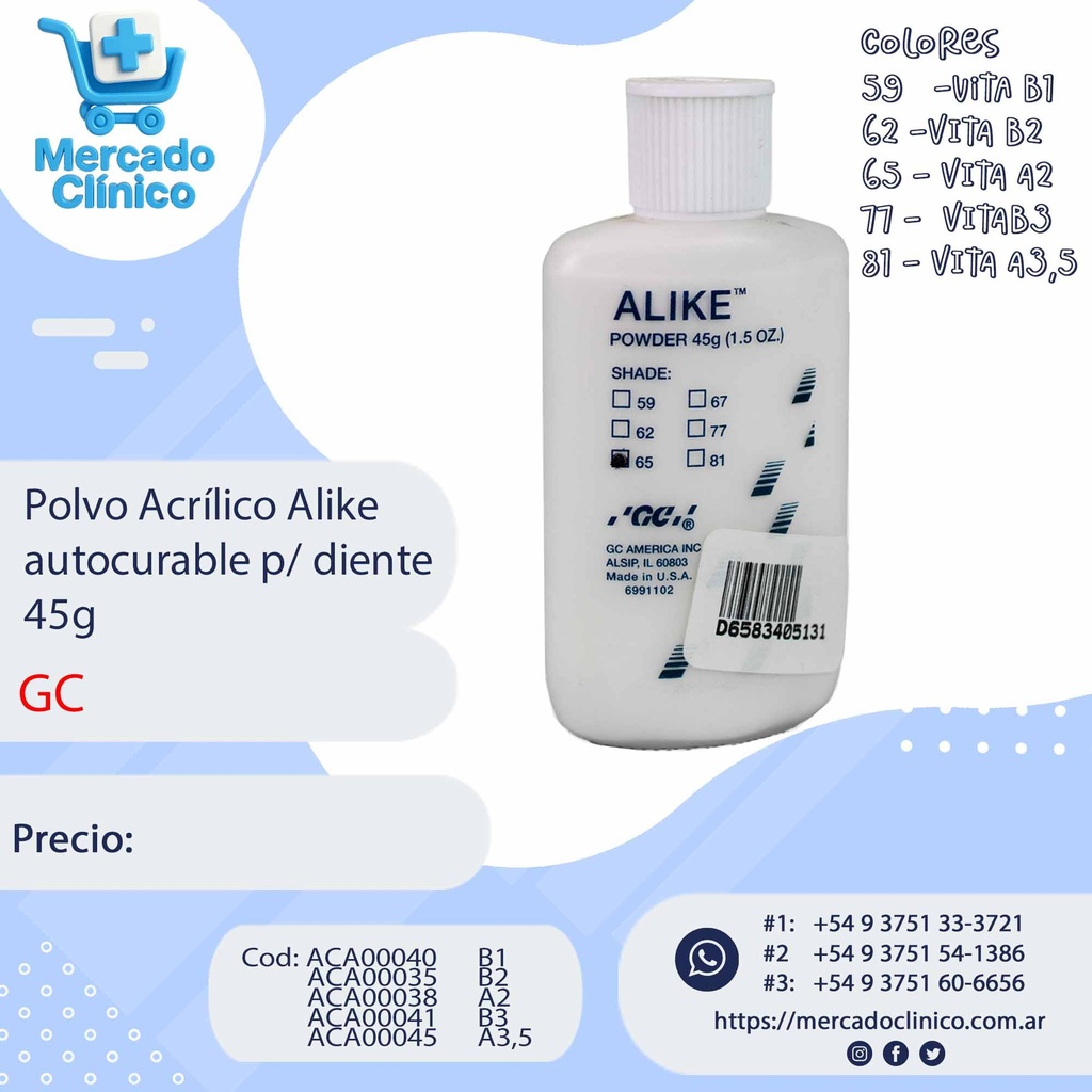 Alike Polvo - Acrílico autocurable (puente / coronas) x 45 grs - GC
