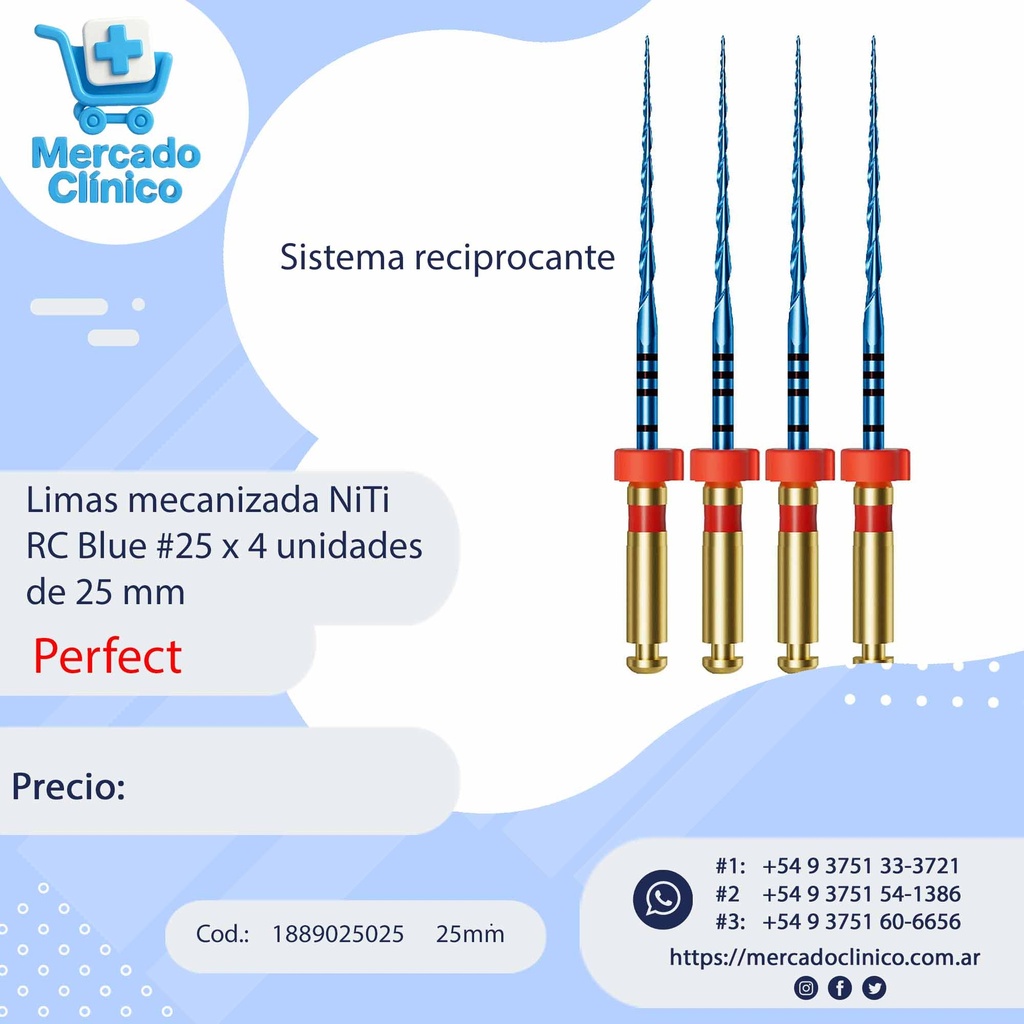 Limas mecanizada NiTi RC Blue #25 x 4 unidades de 25 mm - Perfect