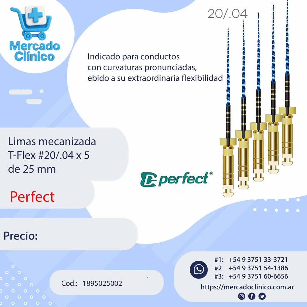 Limas mecanizada  T-Flex #20/.04 x 5  de 25 mm - Perfect