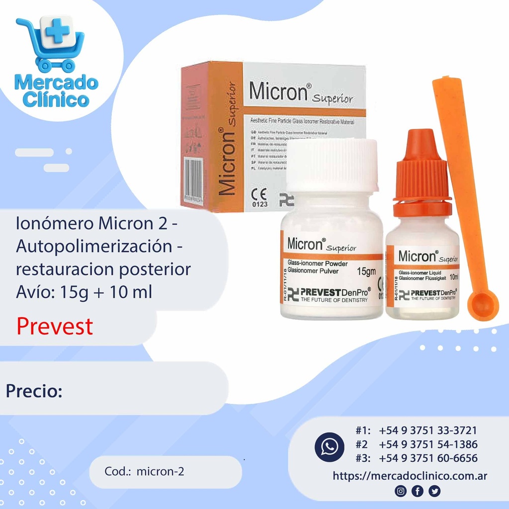 Ionómero Micron 2 - Autopolimerización - restauración posterior Avío: 15g + 10 ml - PREVEST