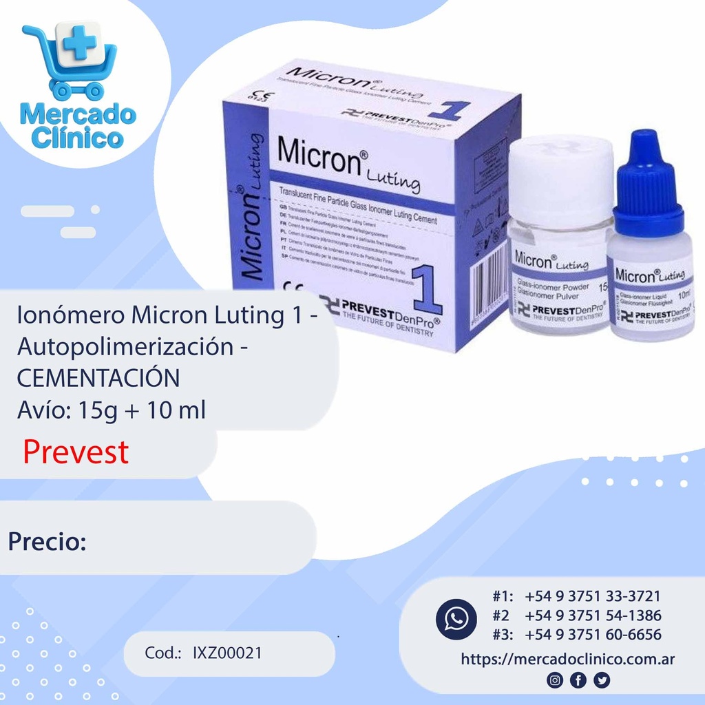 Ionómero Micron Luting 1 - Autopolimerización - Cementación Avío: 15g + 10 ml - PREVEST 