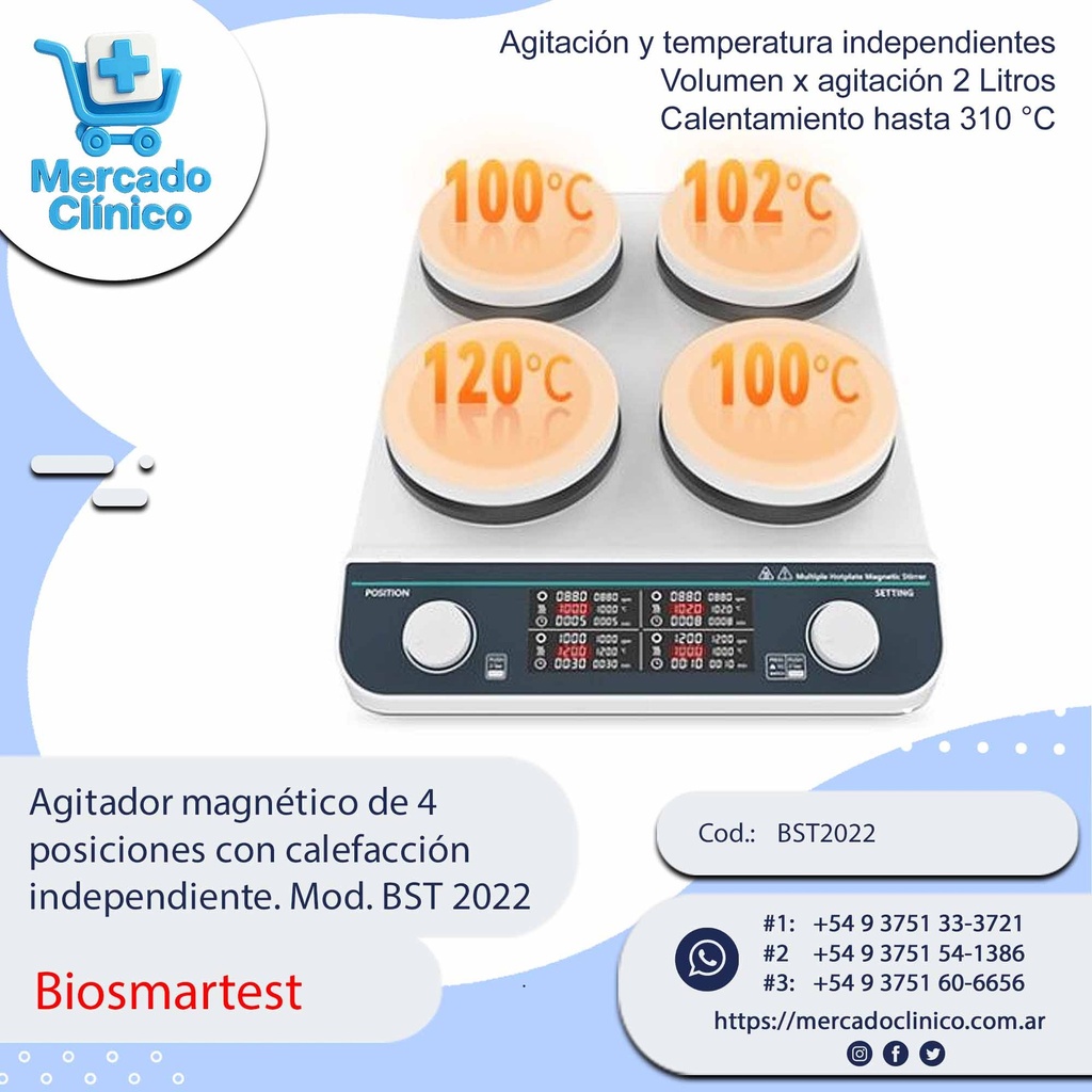 Agitador magnético de 4  posiciones con calefacción  independiente. Mod. BST 2022 - Biosmartest