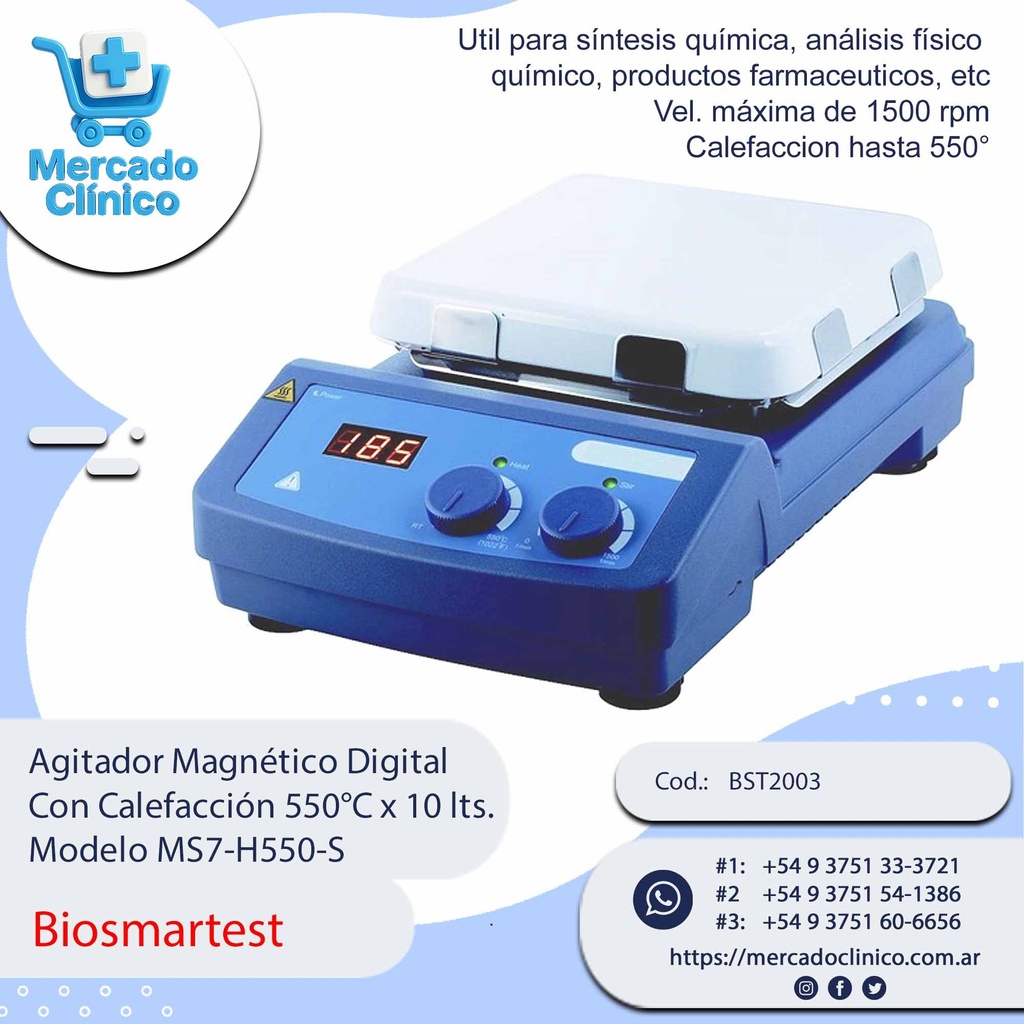 Agitador Magnético Digital  Con Calefacción 550°C x 10 lts.  Modelo MS7-H550-S - Biosmartest
