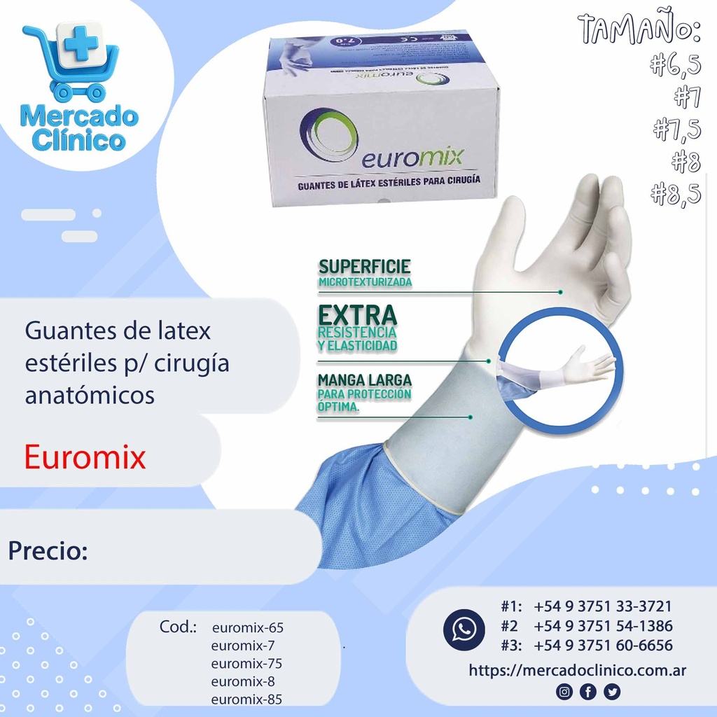 Guantes de latex  estériles p/ cirugía anatómicos - Euromix