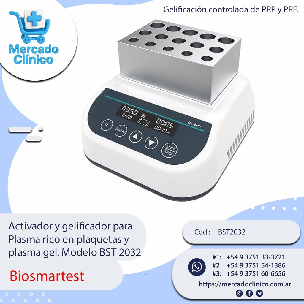 Activador y gelificador para  Plasma rico en plaquetas y  plasma gel. Modelo BST 2032