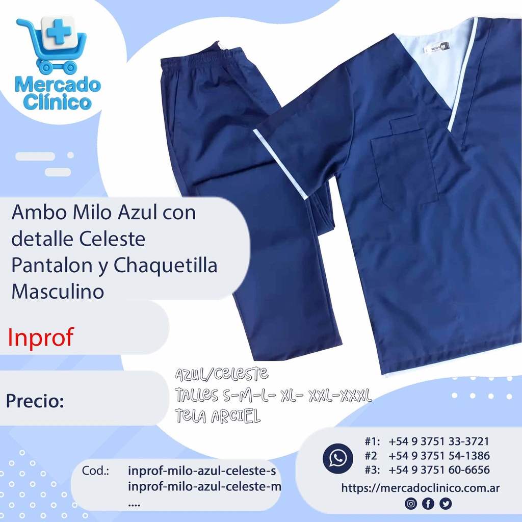Ambo Milo Azul con  detalle Celeste Pantalon y Chaquetilla  Masculino -Inprof